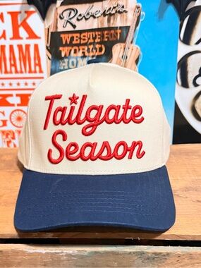 C.C Tailgate Season Trucker Hat in Cream and Navy with Red Script